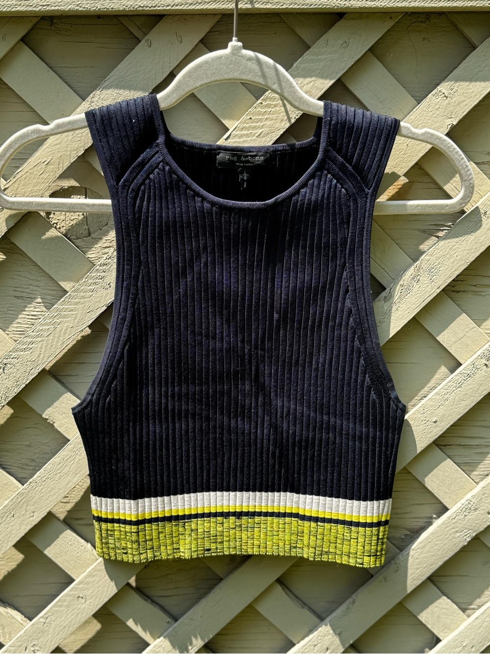 Rag & Bone Black Ribbed Crop Tank with Yellow and White Hem